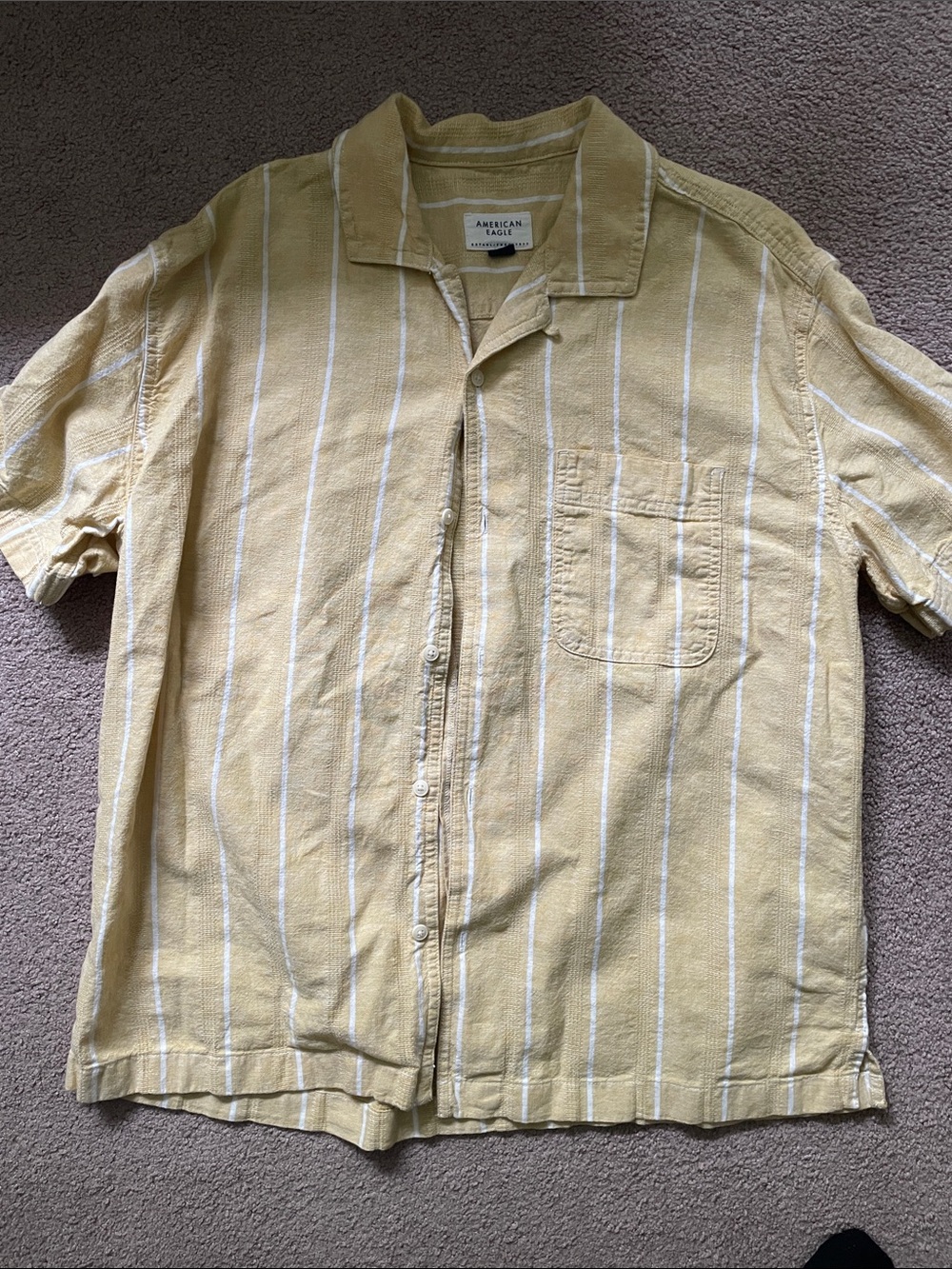American Eagle Yellow and White Striped Short Sleeve Shirt